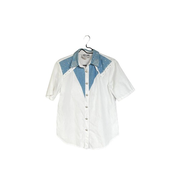 Vintage Tops - City Girl Sport Vintage Western Denim Sparkle Rhinestone Button Down Shirt